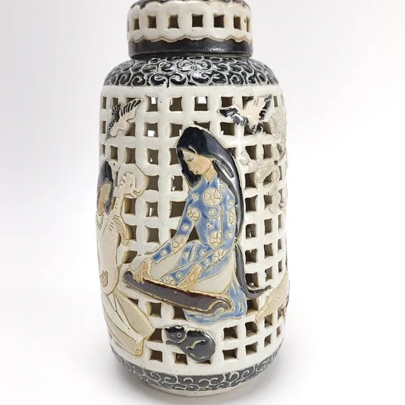 Vintage Dona Ceramics Pottery Open Work Lantern Urn Jar West Vietnam Authentic‎